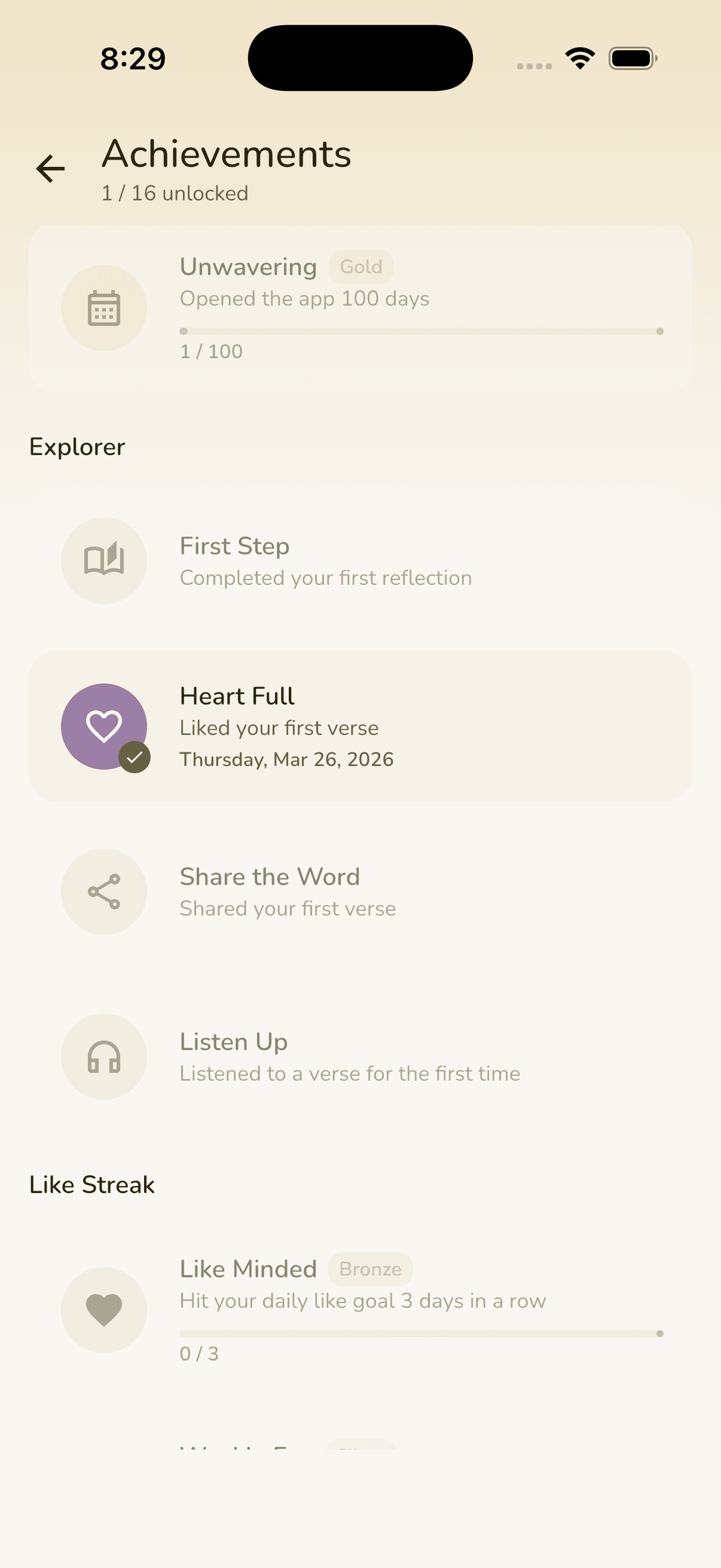 Word for Today app — achievements screen