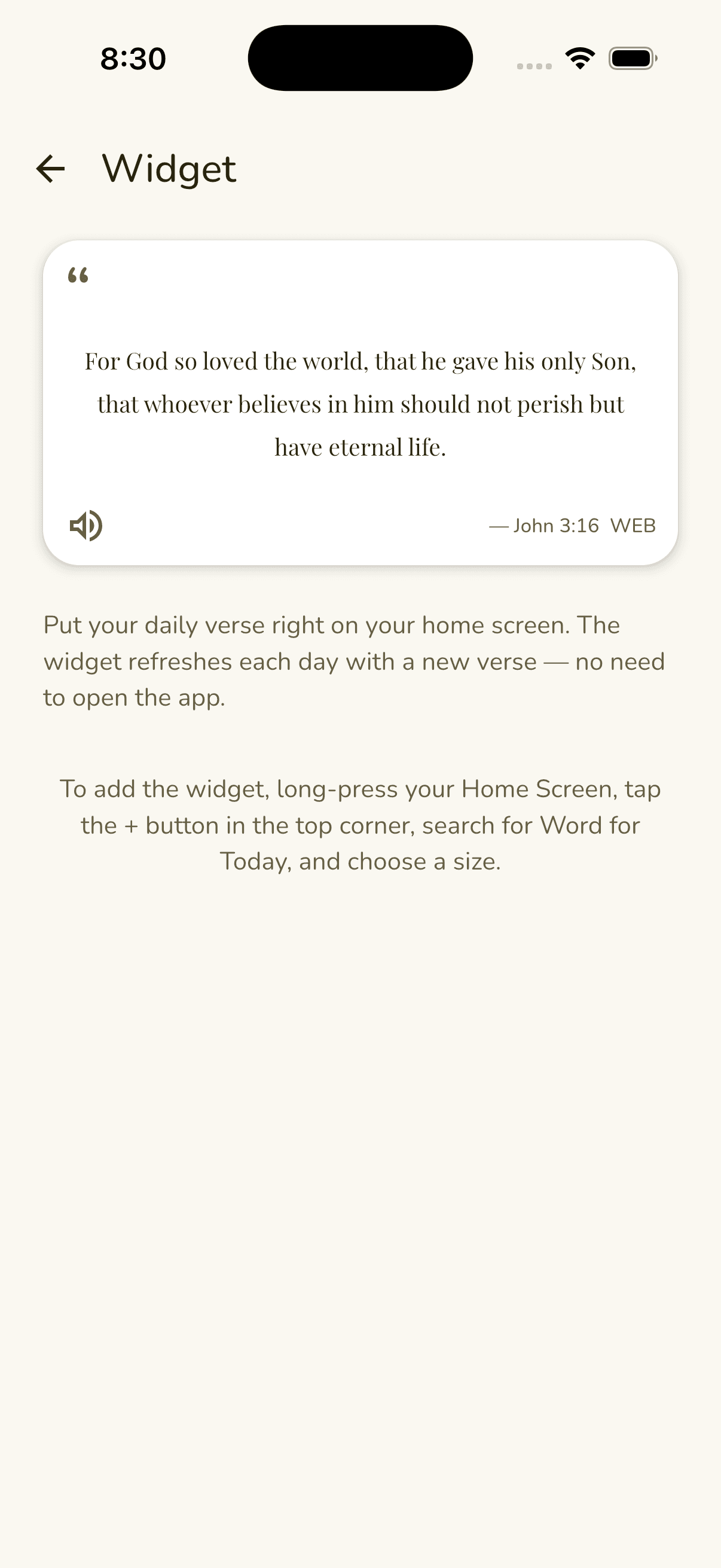 Word for Today app — home screen widget showing daily Bible verse